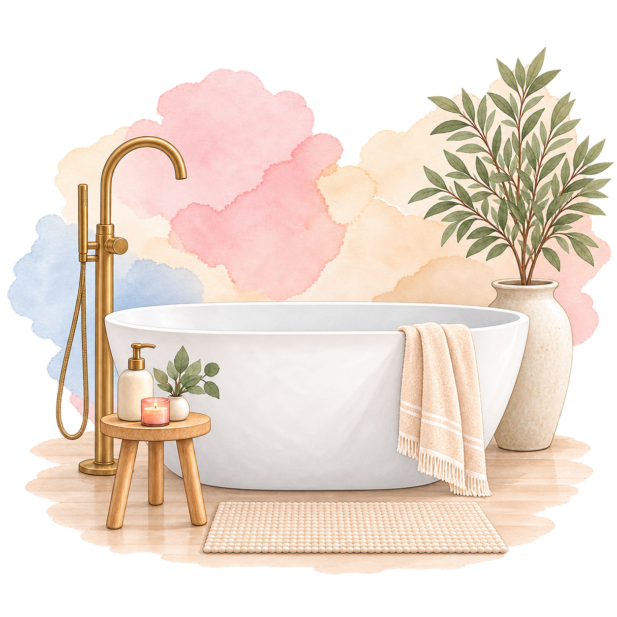 Illustration aquarelle d'une baignoire îlot avec robinetterie dorée