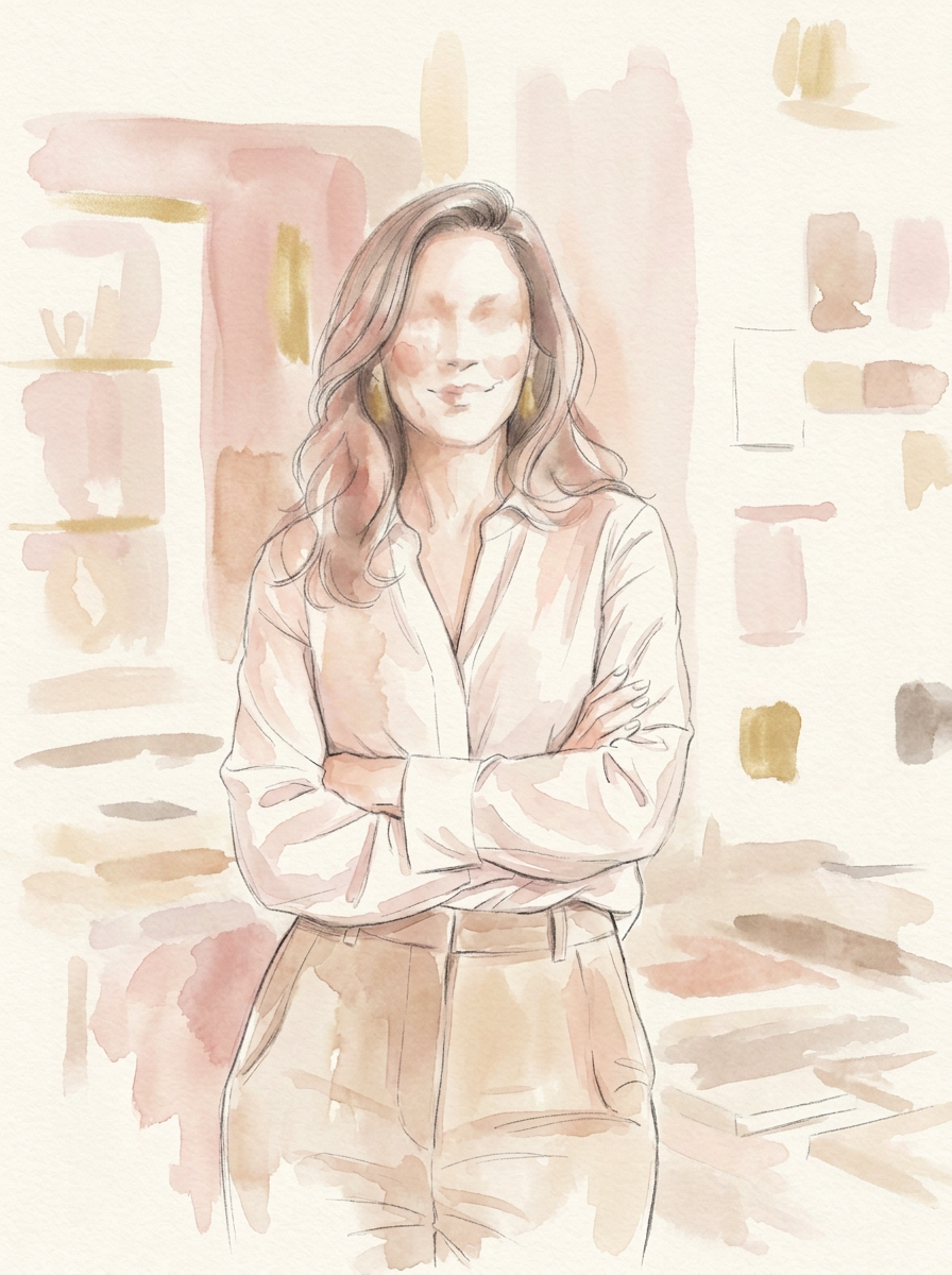 Portrait aquarelle et crayon de Bouchra, décoratrice d'intérieur à Clermont-Ferrand, dans son atelier