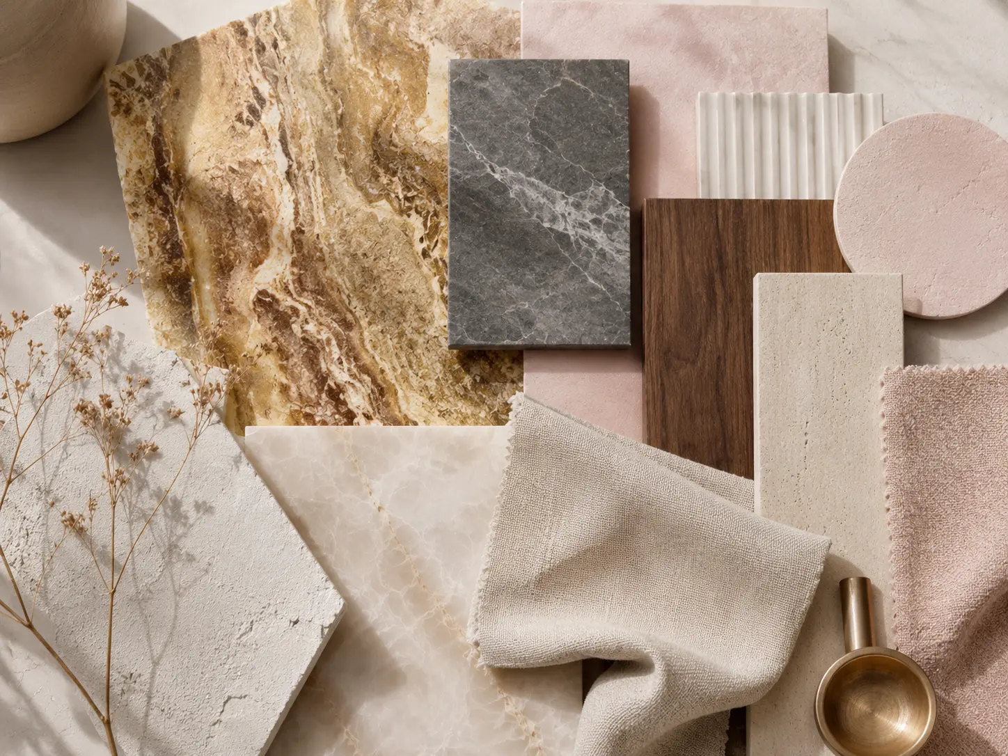 Composition de matières — marbre, pierre naturelle, bois et textiles rosés